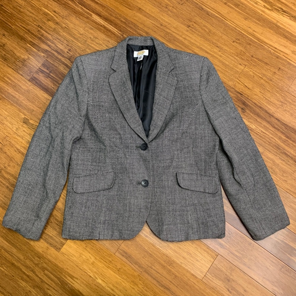 Talbots Petites Blazer Jacket Women Size 16 Black White Wool Blend Career Office
